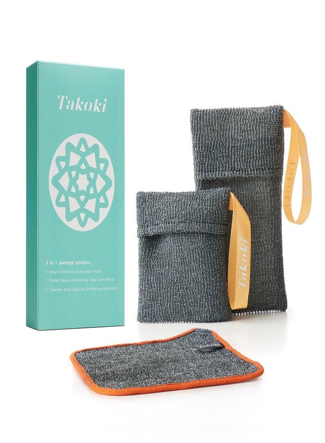 Takoki مجموعة تقشير 3 في 1 - 2 أكياس لحفظ الصابون (حجمين) + منشفة غسيل مزدوجة الملمس للجسم والوجه - صديقة للبيئة، متينة، تجربة سبا فاخرة - Image 1