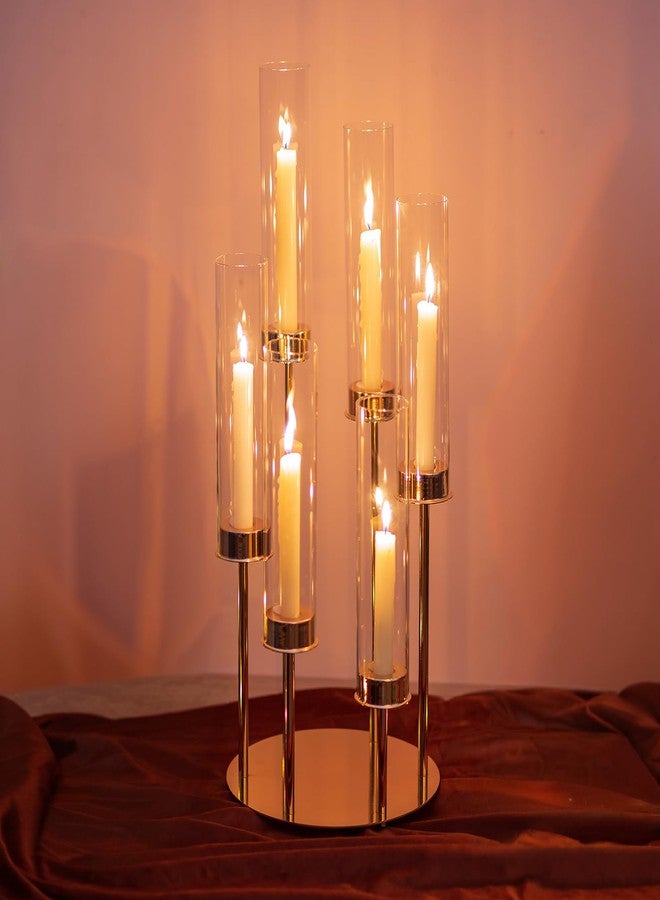 NUPTIO Hurricane Glass Candle Holders: 6 Arms Gold Metal Candlestick Candelabra with Removable Clear Cylinder Sleeve 24 inch Tall Candelabras Large Taper Holder for Outdoor Wedding Table Centerpiece - Image 1