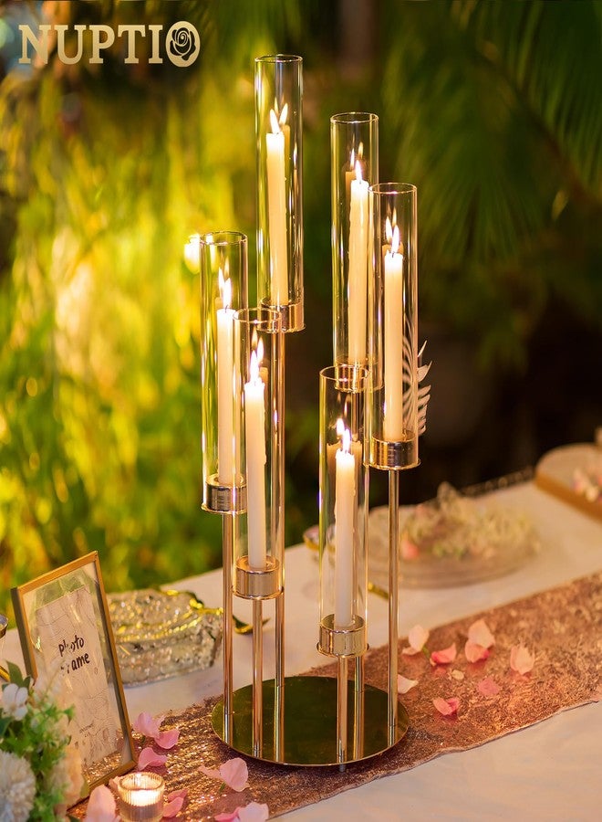 NUPTIO Hurricane Glass Candle Holders: 6 Arms Gold Metal Candlestick Candelabra with Removable Clear Cylinder Sleeve 24 inch Tall Candelabras Large Taper Holder for Outdoor Wedding Table Centerpiece - Image 2