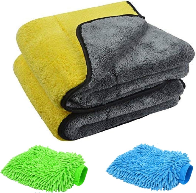 Autofy Multipurpose 4 in 1 Combo Cleaning Kit Dust Cloth Towel Glove for All Vehicles Bike Car Glass Kitchen, 2-800GSM Towel + 2 Microfiber Gloves (Multicolour) - Image 1