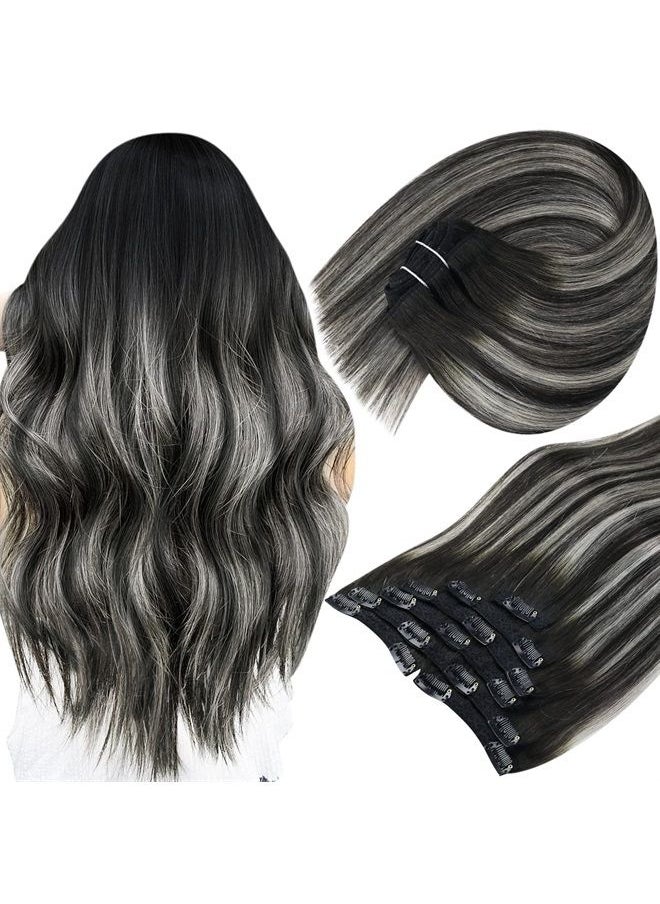 Sunny Hair Sunny Clip in Hair Extensions Real Human Hair, 120g Black Ombre Silver Grey Hair Extensions Clip in Human Hair Black Balayage Clip on Hair Extensions Plenty of Fullness 14inch 7pcs  - Image 1