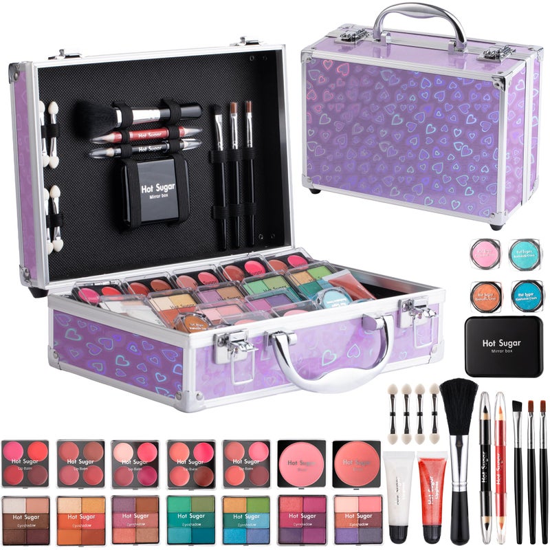 Hot Sugar Makeup Kit for Teenager Girls  Full Starter Cosmetics Set with Eye Shadow Lip Balm Blush Lip Gloss Brush Lip Pencil Eye Pencil and Mirror Purple Love