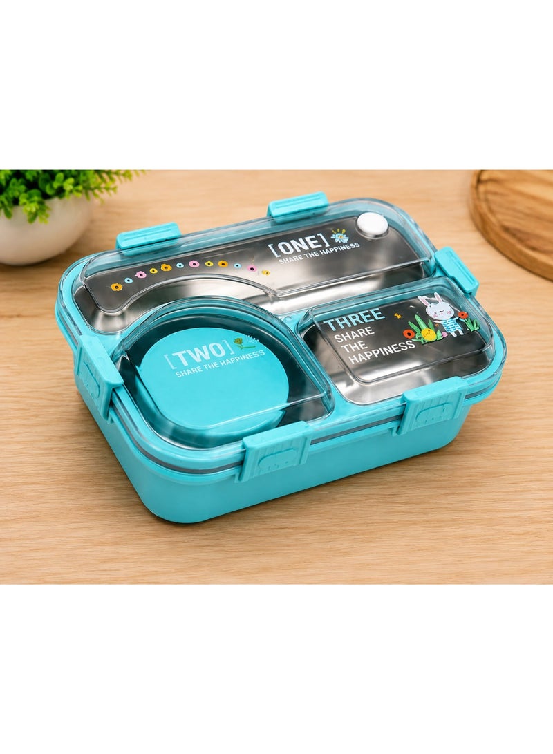 TAJ BAZAAR Stainless Steel Bento Lunch Box, 3-Compartment with Sauce Container, Leakproof, 22.5 x 16.5 x 7 cm (Blue) - Image 2