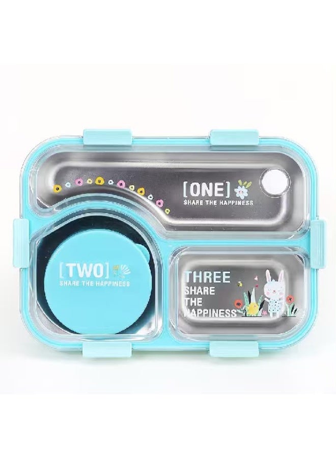 TAJ BAZAAR Stainless Steel Bento Lunch Box, 3-Compartment with Sauce Container, Leakproof, 22.5 x 16.5 x 7 cm (Blue) - Image 1