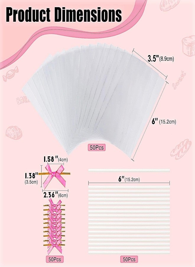 RomanticBaking 50 Sets Clear Rice Krispie Treat Bags with Pink Ribbon Bow and Stick & Flat Cellophane Clear Bags for Rice Krispie Treats Gift Giving Bag(Pink) - Image 2