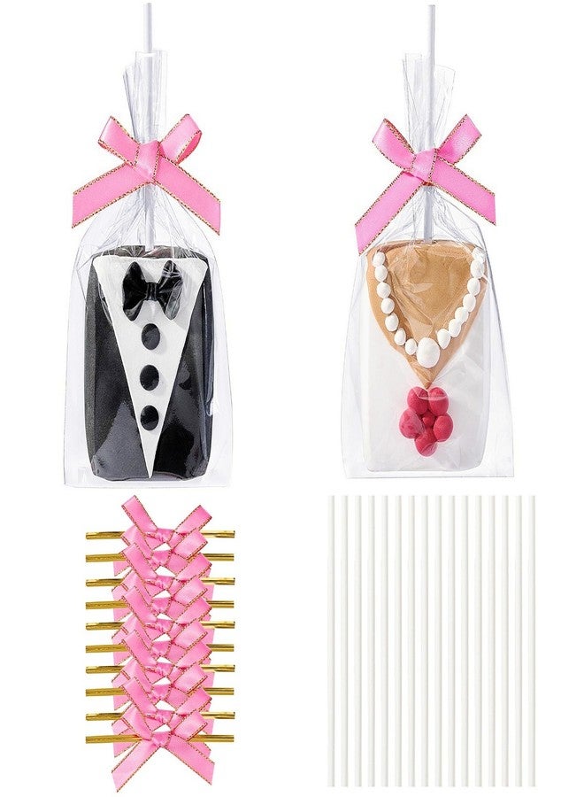 RomanticBaking 50 Sets Clear Rice Krispie Treat Bags with Pink Ribbon Bow and Stick & Flat Cellophane Clear Bags for Rice Krispie Treats Gift Giving Bag(Pink) - Image 1