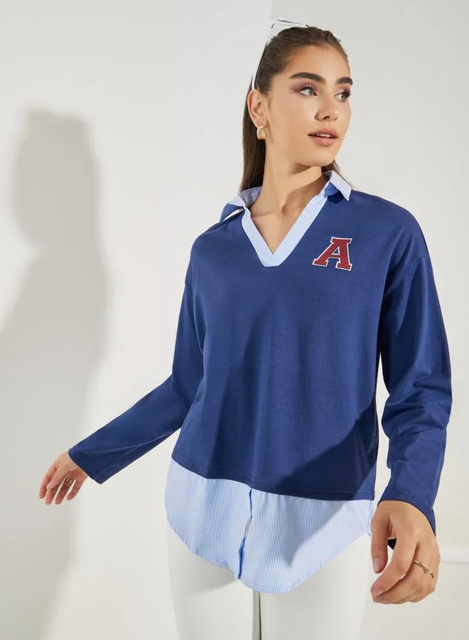 Styli Woven Striped Collar Knit Shirt