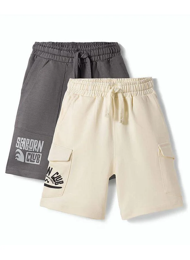 Primo Gino Primo Gino 100% Cotton Knit French Terry Knee Length Cargo Shorts with Beach Theme Print (Pack of 2) - Off-White and Dark Grey