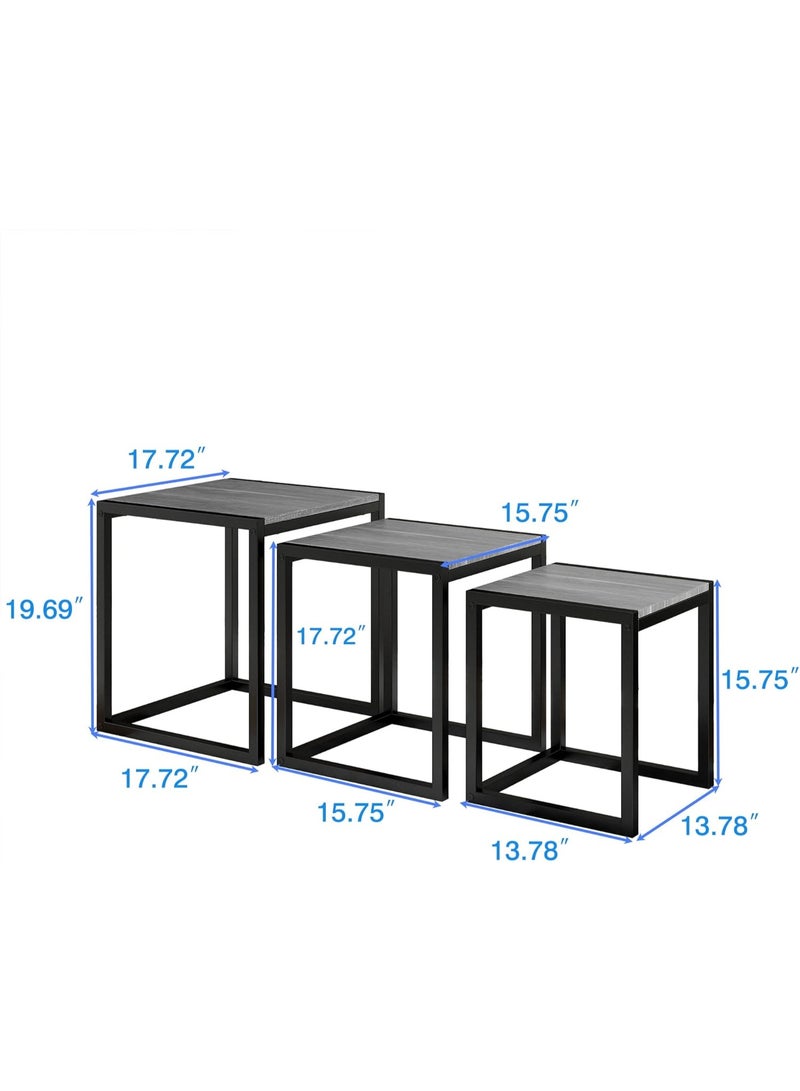 Modern 3-Piece Nesting Table Set, Square Side Tables, Coffee End Tables with Sturdy Metal Frame, Space-Saving Stacking Design, Industrial Style Living Room, Bedroom, Home Office Furniture, Grey - Image 2