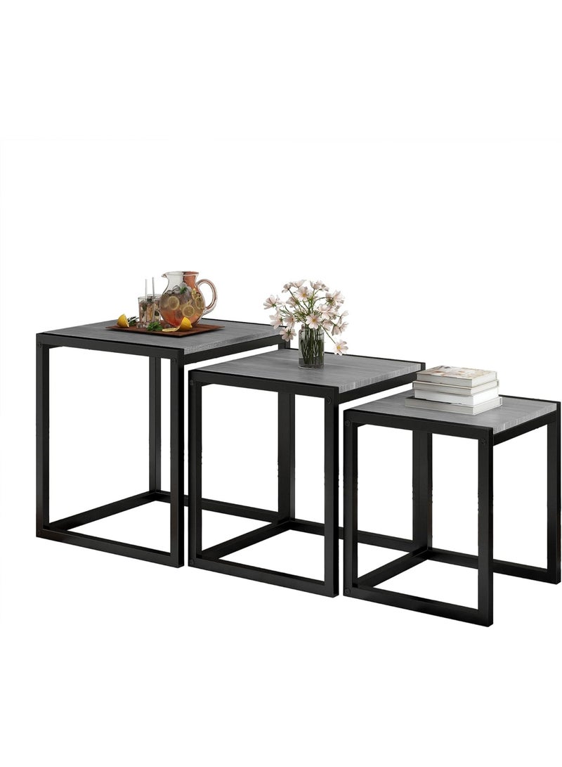 Modern 3-Piece Nesting Table Set, Square Side Tables, Coffee End Tables with Sturdy Metal Frame, Space-Saving Stacking Design, Industrial Style Living Room, Bedroom, Home Office Furniture, Grey - Image 1