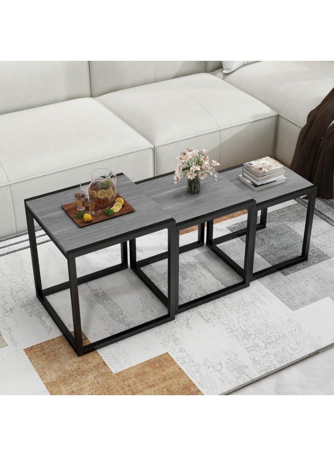 Modern 3-Piece Nesting Table Set, Square Side Tables, Coffee End Tables with Sturdy Metal Frame, Space-Saving Stacking Design, Industrial Style Living Room, Bedroom, Home Office Furniture, Grey - Image 3