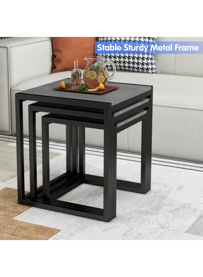 Modern 3-Piece Nesting Table Set, Square Side Tables, Coffee End Tables with Sturdy Metal Frame, Space-Saving Stacking Design, Industrial Style Living Room, Bedroom, Home Office Furniture, Grey - Image 5
