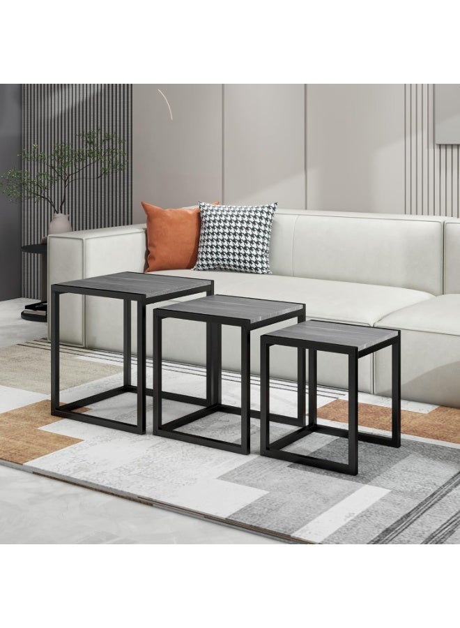 Modern 3-Piece Nesting Table Set, Square Side Tables, Coffee End Tables with Sturdy Metal Frame, Space-Saving Stacking Design, Industrial Style Living Room, Bedroom, Home Office Furniture, Grey - Image 4