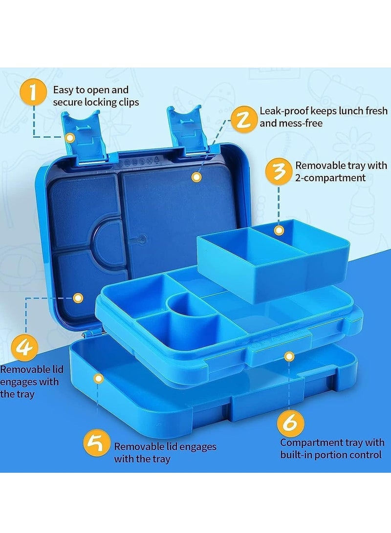 Kids Lunch Box School Bento Box, BPA Free Leak Proof 4/6 Compartment Lunch Container with Animal Fork, Back to School Season Kids Bento Lunch Box, Dishwasher Safe (Blue) - Image 3