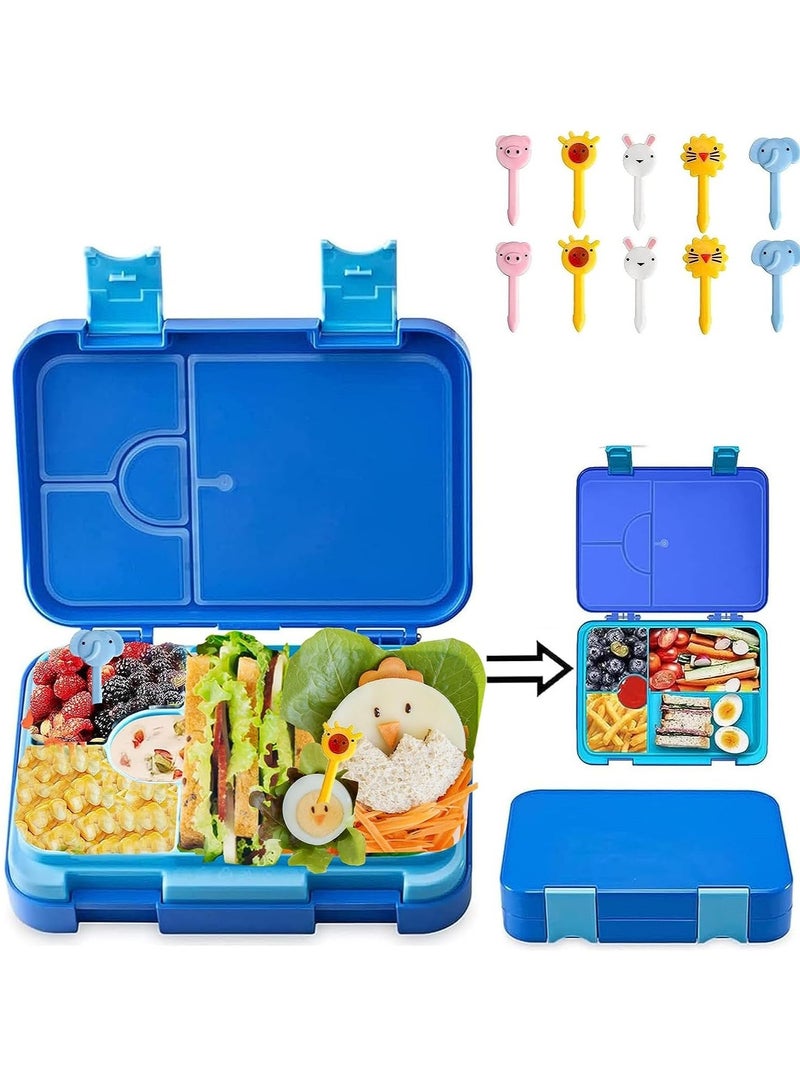 Kids Lunch Box School Bento Box, BPA Free Leak Proof 4/6 Compartment Lunch Container with Animal Fork, Back to School Season Kids Bento Lunch Box, Dishwasher Safe (Blue) - Image 1