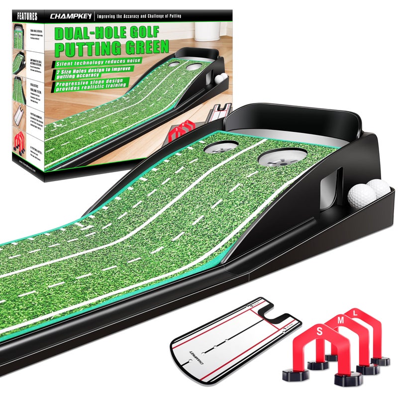 CHAMPKEY Premium Golf Putting Green Indoor with 3 Golf Putting Gates - Improves Putting Accuracy and Skill Levels Golf Putting Mat - Ideal for Indoor and Outdoor Training(Dual Hole - Plastic) - Image 1