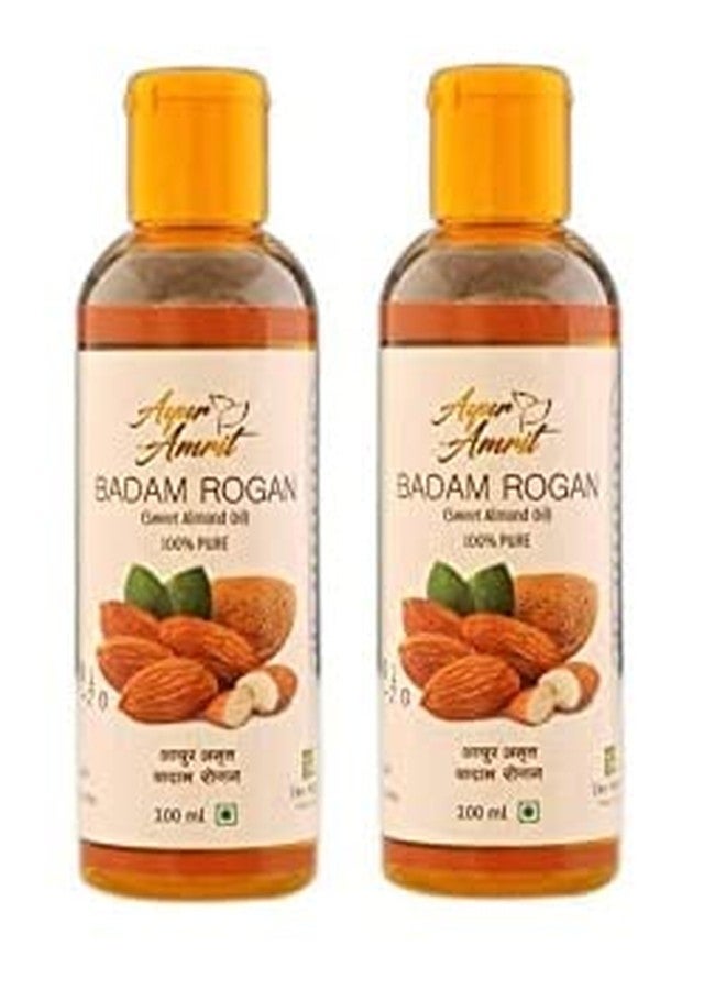 Ayur Amrit 100% Pure Badam Rogan Sweet Almond Oil Combo Pack Of 2 (2x100ML) - Natural Organic Almond Oil for Face, Hair, Skin, Beard, Lips & Nails Care - Unscented - Image 1