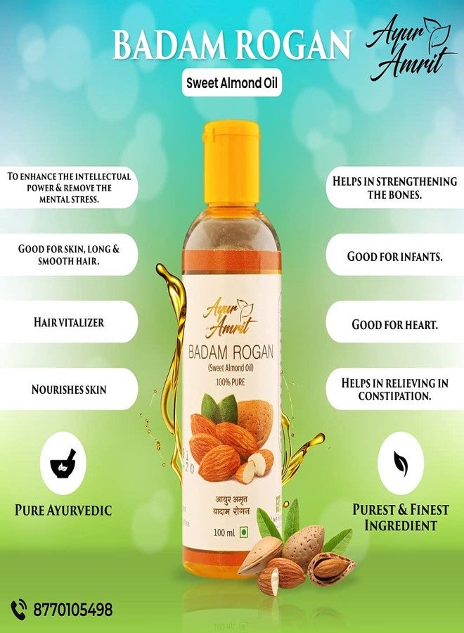 Ayur Amrit 100% Pure Badam Rogan Sweet Almond Oil Combo Pack Of 2 (2x100ML) - Natural Organic Almond Oil for Face, Hair, Skin, Beard, Lips & Nails Care - Unscented - Image 3