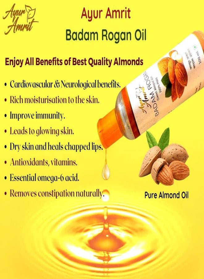 Ayur Amrit 100% Pure Badam Rogan Sweet Almond Oil Combo Pack Of 2 (2x100ML) - Natural Organic Almond Oil for Face, Hair, Skin, Beard, Lips & Nails Care - Unscented - Image 4