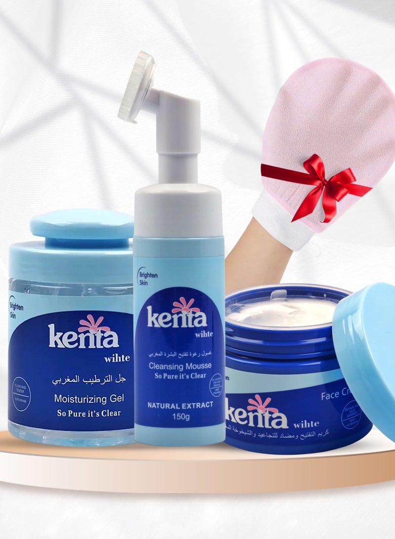 kenta Kenta Facial Care Set – Foaming Cleanser, Hydrating Gel, Brightening and Anti-Wrinkle Cream with Free Korean Exfoliating Glove  - Image 1