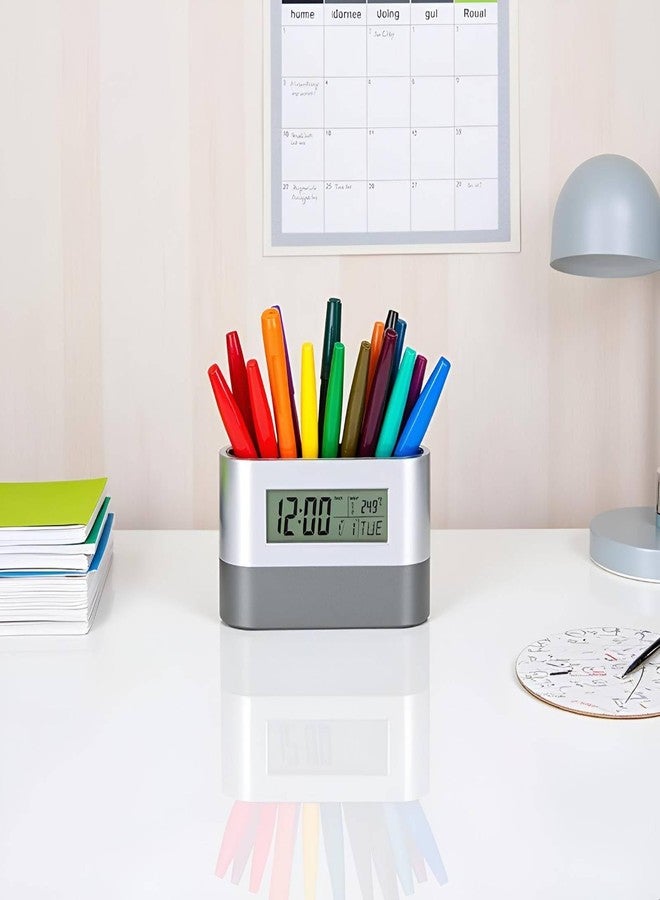 Jwthee Desktop Pencil Cup, LCD Electronic Clock Pen Holder Lcd Electronic Clock Perpetual Calendar Clock Multifunctional Desk Clock Calendar Stationery Organizer for Office and Home - Image 2