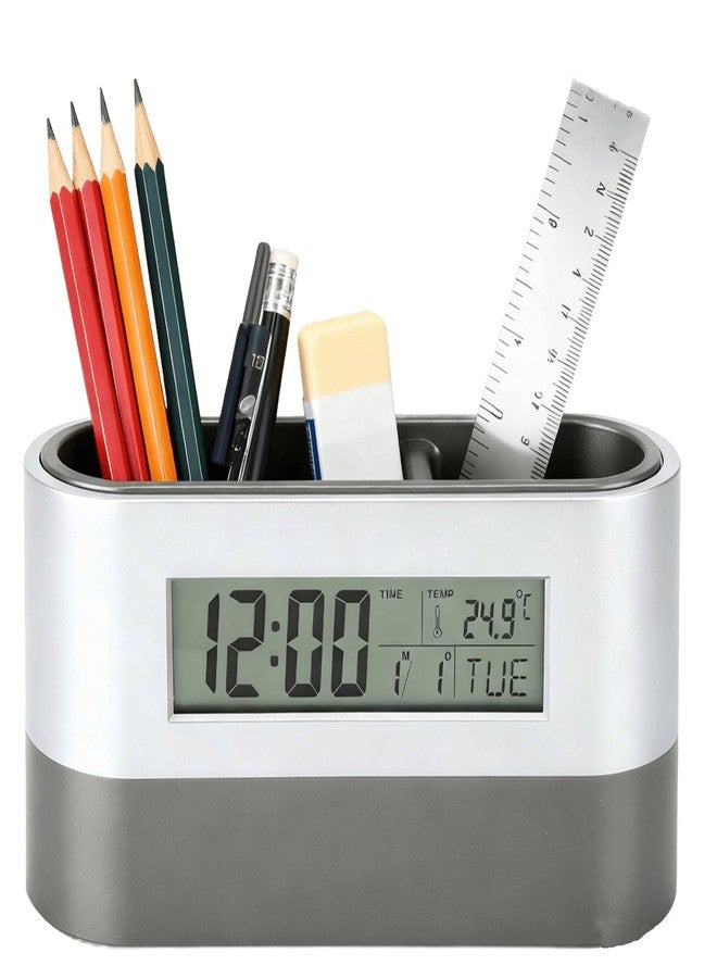 Jwthee Desktop Pencil Cup, LCD Electronic Clock Pen Holder Lcd Electronic Clock Perpetual Calendar Clock Multifunctional Desk Clock Calendar Stationery Organizer for Office and Home - Image 1