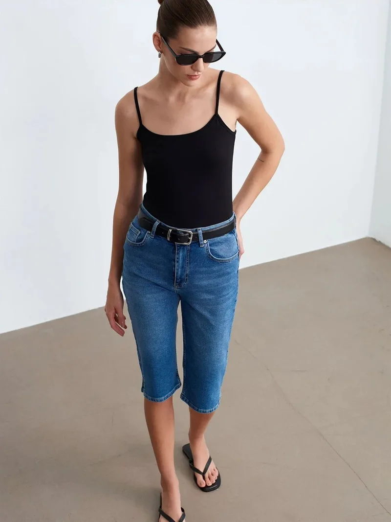 Dilvin Dilvin High-Waist Denim Capri Shorts