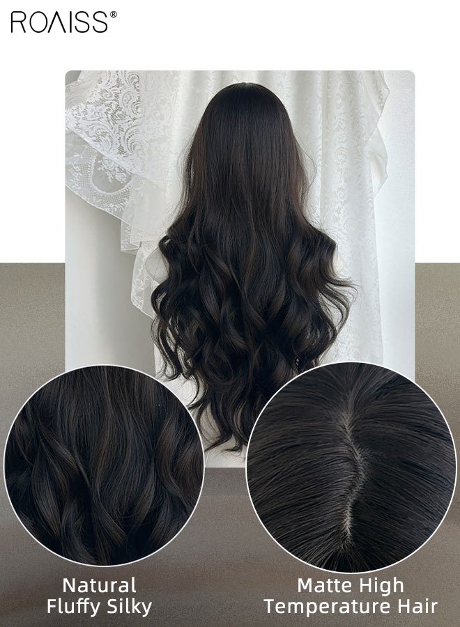 roaiss Long Wavy Black Brown Hair Wig with Bangs for Women, Natural Soft Synthetic Heat Resistant Hair Wig for Wedding Cosplay Party Daily Wear, Natural Looking 75cm (30 inches) - Image 4