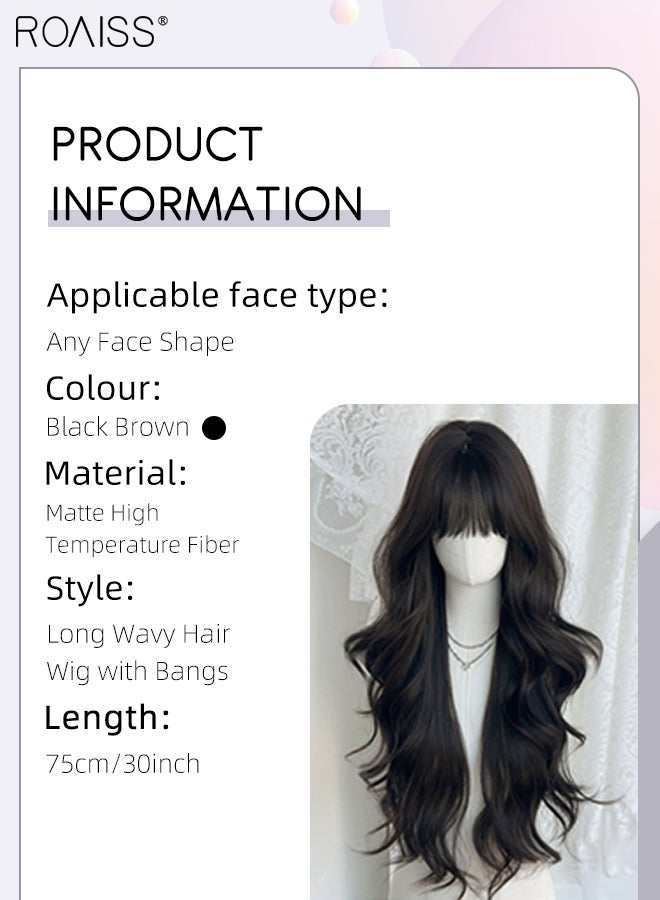 roaiss Long Wavy Black Brown Hair Wig with Bangs for Women, Natural Soft Synthetic Heat Resistant Hair Wig for Wedding Cosplay Party Daily Wear, Natural Looking 75cm (30 inches) - Image 2