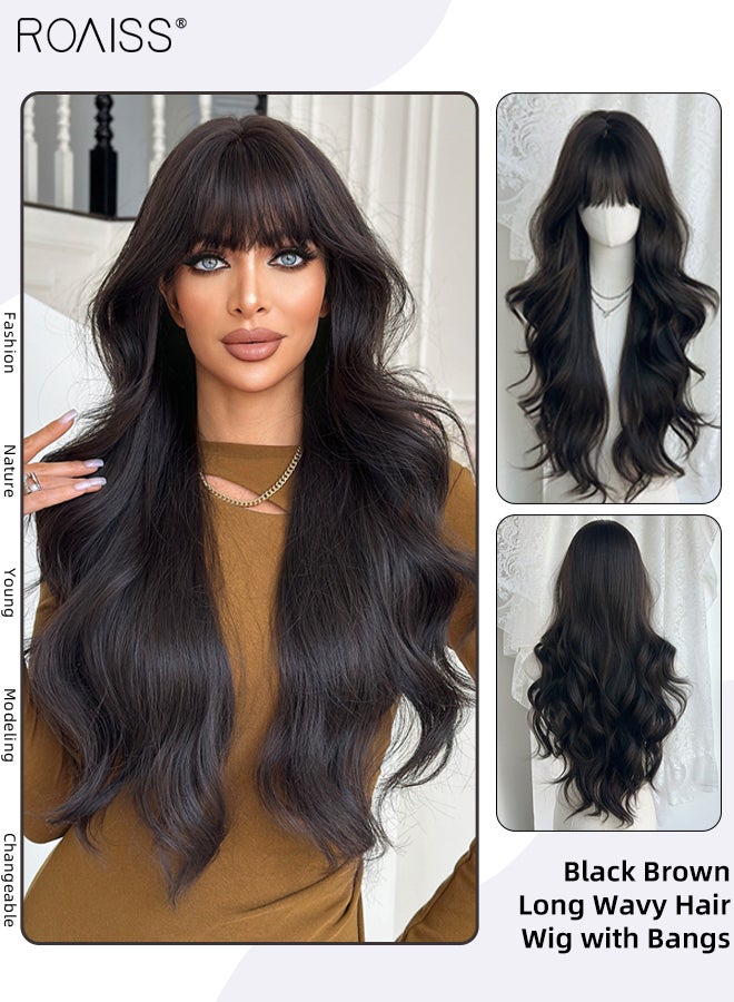 roaiss Long Wavy Black Brown Hair Wig with Bangs for Women, Natural Soft Synthetic Heat Resistant Hair Wig for Wedding Cosplay Party Daily Wear, Natural Looking 75cm (30 inches) - Image 1