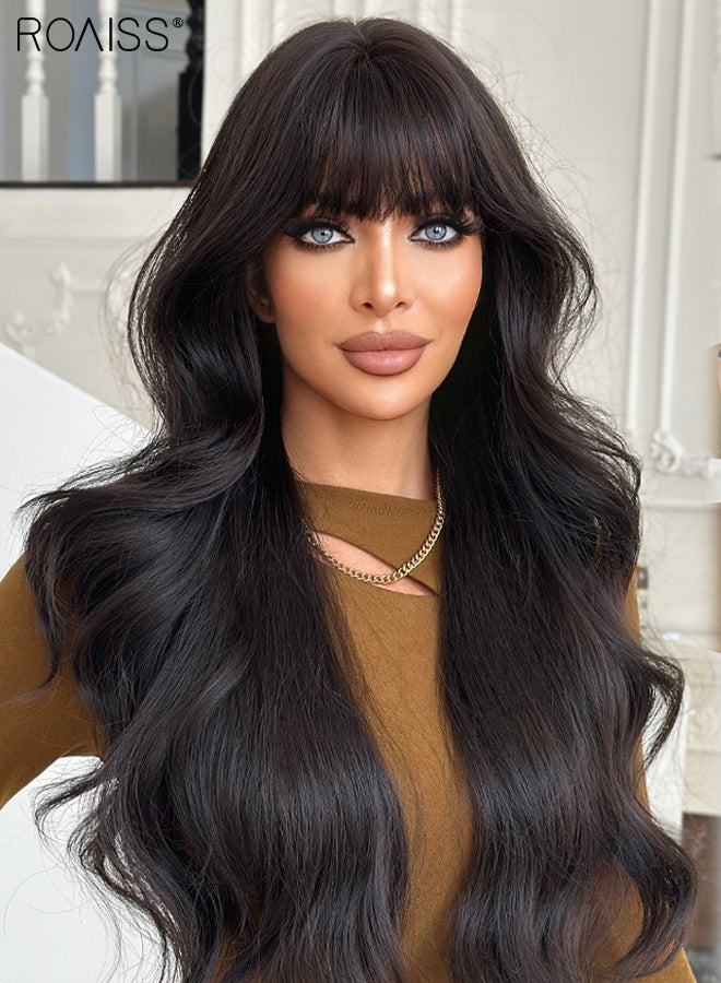 roaiss Long Wavy Black Brown Hair Wig with Bangs for Women, Natural Soft Synthetic Heat Resistant Hair Wig for Wedding Cosplay Party Daily Wear, Natural Looking 75cm (30 inches) - Image 5