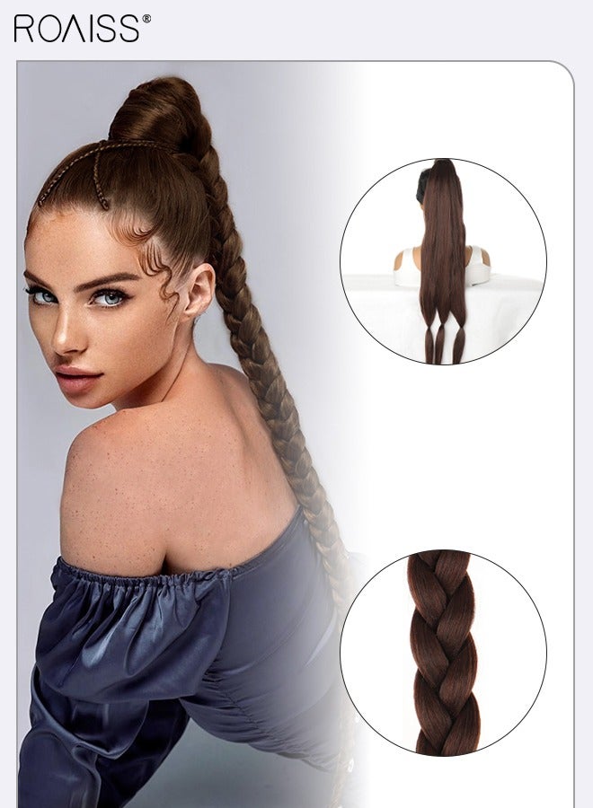 roaiss DIY Ponytail Extension, 80 cm Long Braided Ponytail Extension with Hair Band Elastic Rubber Wrap Around, Natural Soft Synthetic Hair Piece for Women Party Daily Wear (Dark Brown) - Image 2