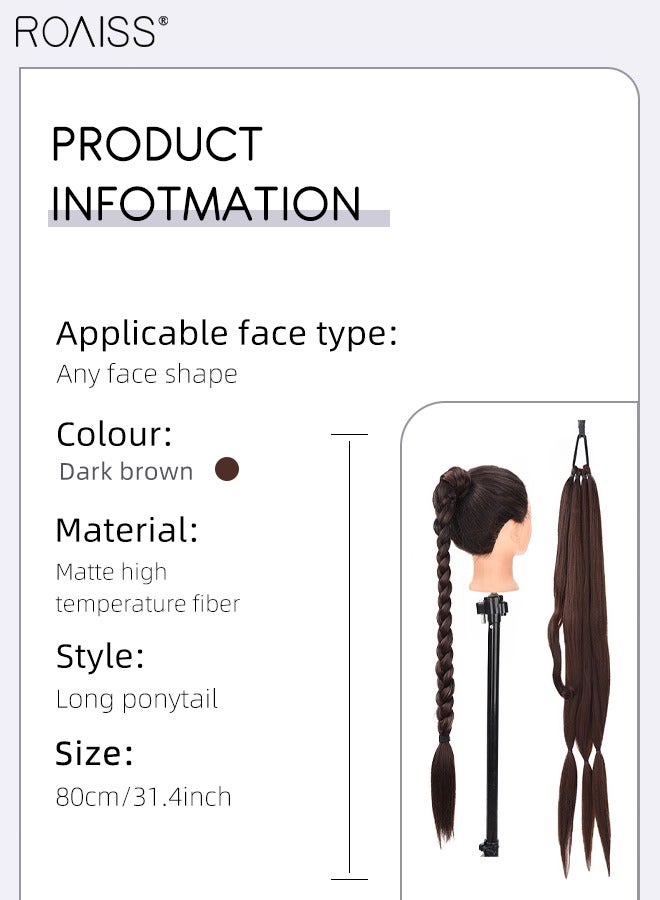 roaiss DIY Ponytail Extension, 80 cm Long Braided Ponytail Extension with Hair Band Elastic Rubber Wrap Around, Natural Soft Synthetic Hair Piece for Women Party Daily Wear (Dark Brown) - Image 3