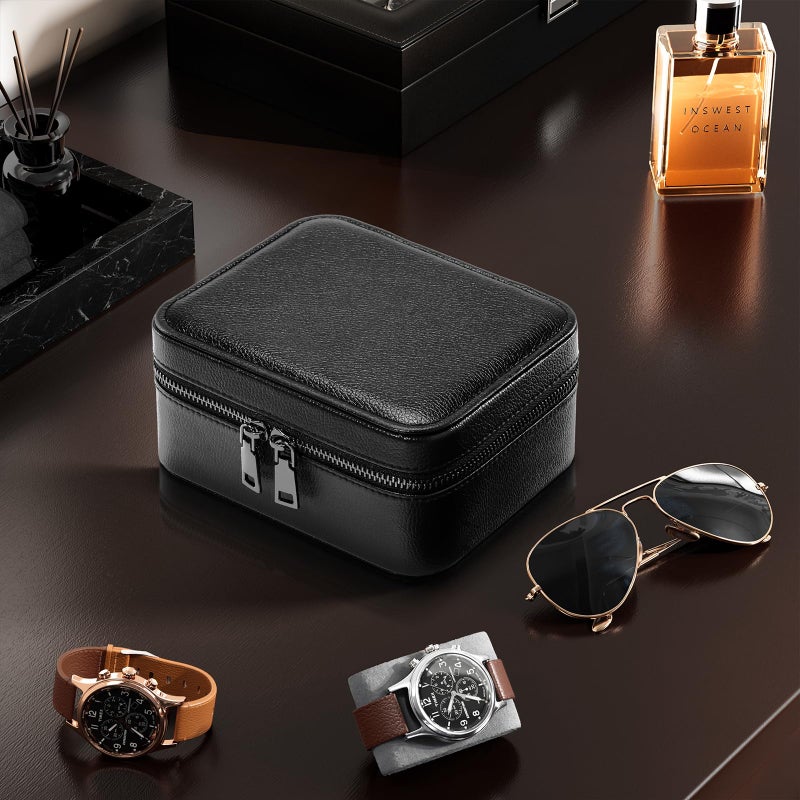 ProCase Travel Watch Case, 2 Slots PU Leather Mens Jewelry Box, Portable Watches Cufflinks Accessories Storage Case, Zippered Carrying Organizer Bag for Man, Valentine's Day Gift -Black - Image 2
