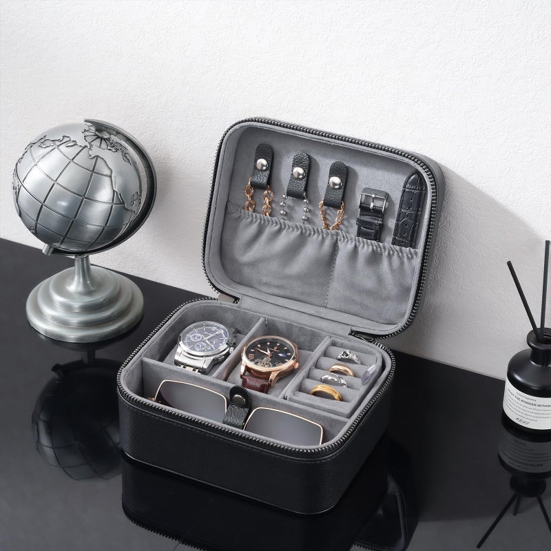 ProCase Travel Watch Case, 2 Slots PU Leather Mens Jewelry Box, Portable Watches Cufflinks Accessories Storage Case, Zippered Carrying Organizer Bag for Man, Valentine's Day Gift -Black - Image 5