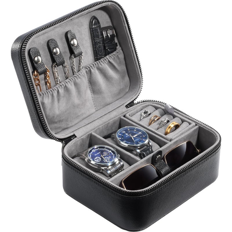 ProCase Travel Watch Case, 2 Slots PU Leather Mens Jewelry Box, Portable Watches Cufflinks Accessories Storage Case, Zippered Carrying Organizer Bag for Man, Valentine's Day Gift -Black - Image 1
