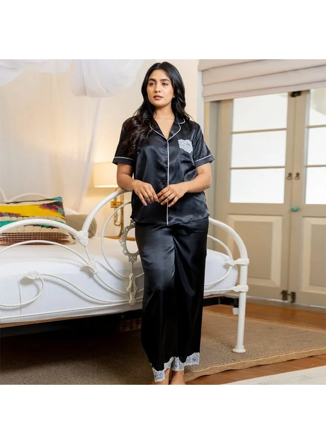 Aadaraya Aadaraya Sateen Shirt and Pyjama Set with Lace Detail