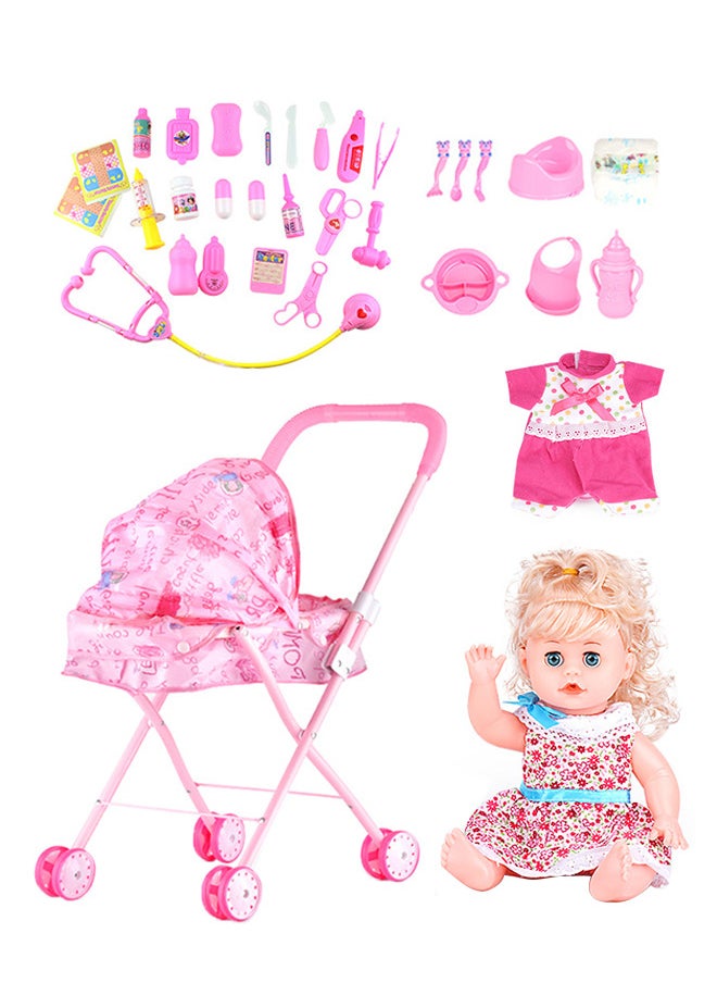 Generic Baby Doll Stroller for Toddlers 3 4 5 6 Year Old Girls, 33 PCS Baby Stroller Toy, 21'' Foldable Doll Stroller with Storage Basket, 13'' Baby Doll, Baby Dentist Toys  Gift for Girls  - Image 1
