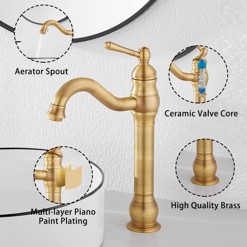 GGStudy 360Â° Swivel Antique Brass Bathroom Vessel Sink Faucet Single Handle One Hole Matching with Pop Up Drain - Image 5