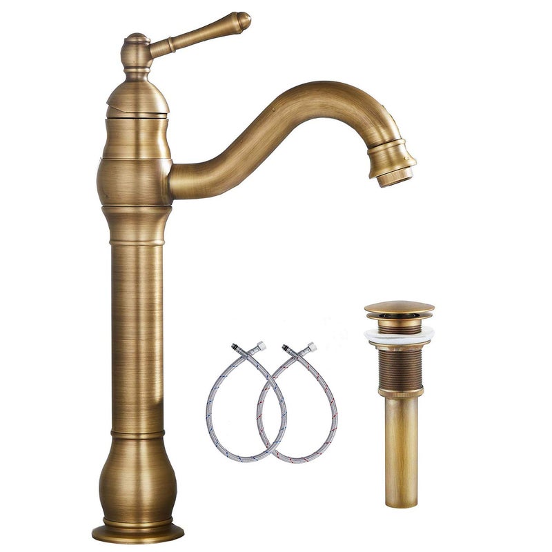 GGStudy 360Â° Swivel Antique Brass Bathroom Vessel Sink Faucet Single Handle One Hole Matching with Pop Up Drain - Image 1