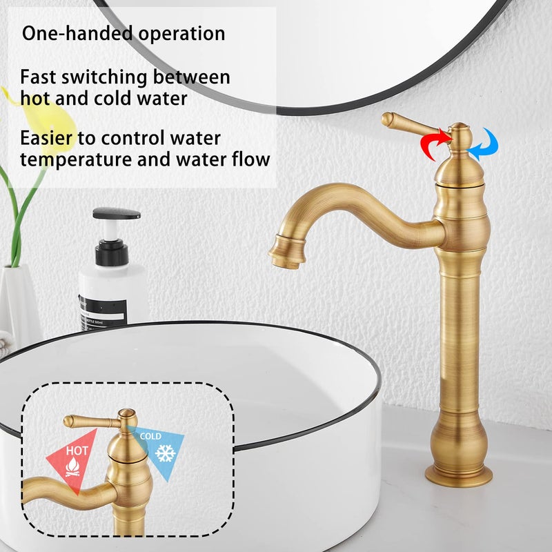 GGStudy 360Â° Swivel Antique Brass Bathroom Vessel Sink Faucet Single Handle One Hole Matching with Pop Up Drain - Image 4