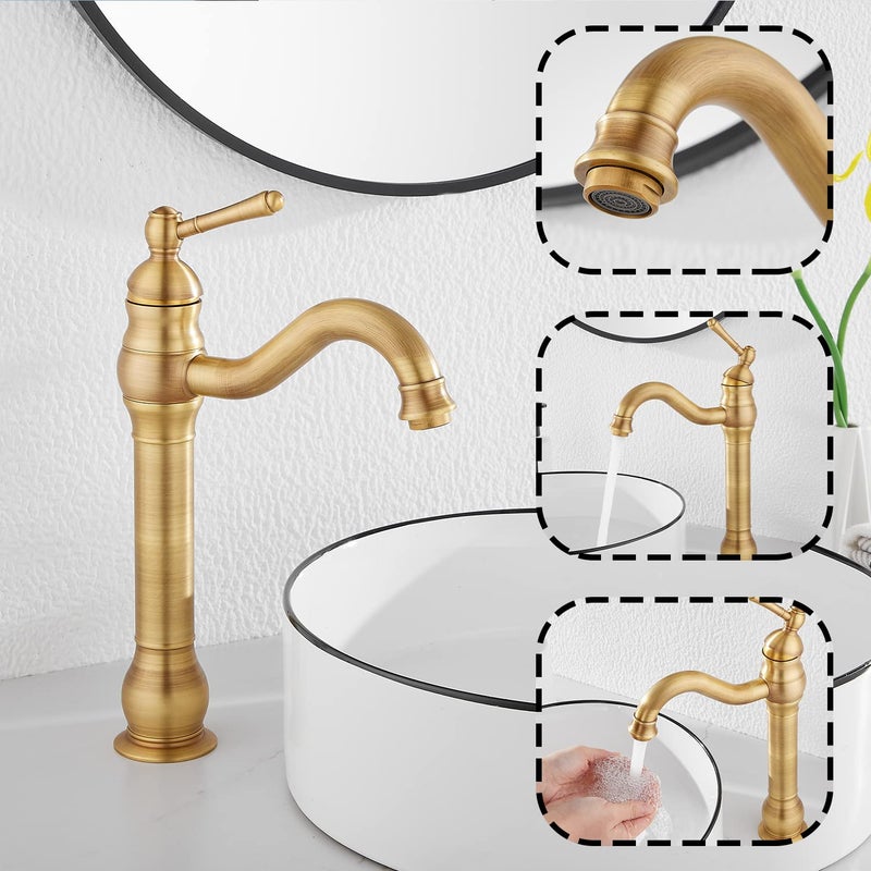 GGStudy 360Â° Swivel Antique Brass Bathroom Vessel Sink Faucet Single Handle One Hole Matching with Pop Up Drain - Image 3