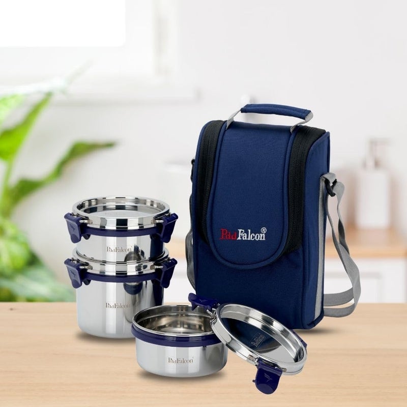 PDDFALCON Stainless Steel Eco Nxt Lunch Box with Insulated Bag Set of 3 Blue 1000ml - Image 2
