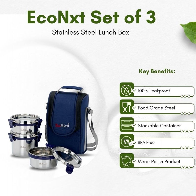 PDDFALCON Stainless Steel Eco Nxt Lunch Box with Insulated Bag Set of 3 Blue 1000ml - Image 5