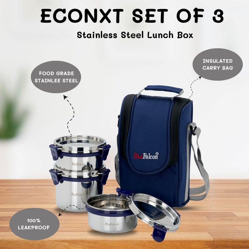 PDDFALCON Stainless Steel Eco Nxt Lunch Box with Insulated Bag Set of 3 Blue 1000ml - Image 4