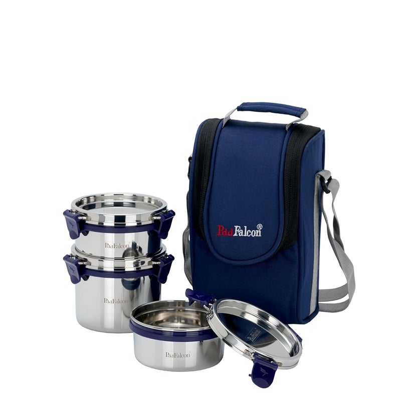 PDDFALCON Stainless Steel Eco Nxt Lunch Box with Insulated Bag Set of 3 Blue 1000ml - Image 1