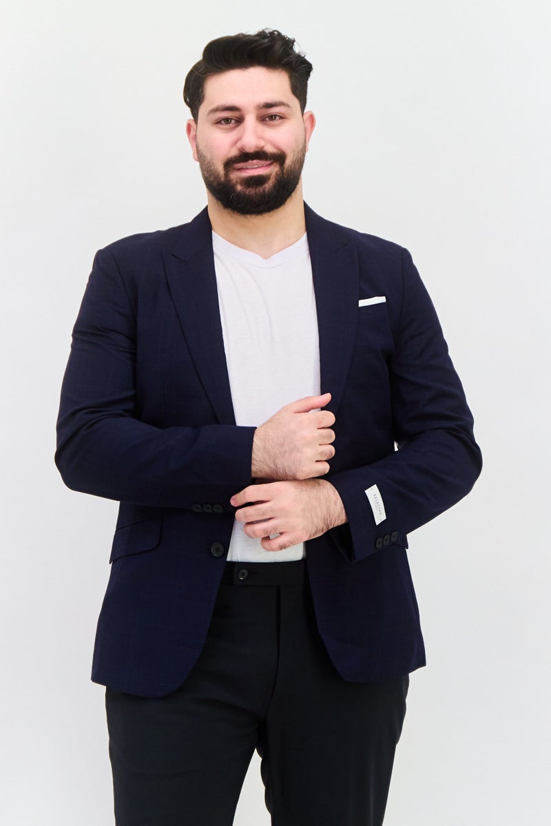 SELECTED بليزر رجالي ضيق بنمط مربعات، أزرق داكن - Image 1