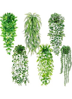 Artificial Hanging Plants For Shelf 6 Pack Fake Potted Greenery Plant Faux Eucalyptus Vine Mandala Vine String Of Pearls Pea Pod Leaves Ivy Vine Persian Grass Fern In Pot For Home Décor