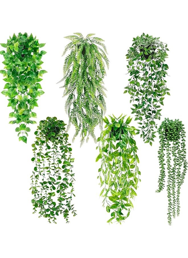 erorex - Artificial Hanging Plants For Shelf 6 Pack Fake Potted Greenery Plant Faux Eucalyptus Vine Mandala Vine String Of Pearls Pea Pod Leaves Ivy Vine Persian Grass Fern In Pot For Home Décor - Image 1