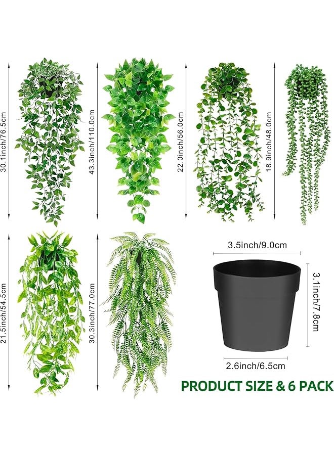 erorex - Artificial Hanging Plants For Shelf 6 Pack Fake Potted Greenery Plant Faux Eucalyptus Vine Mandala Vine String Of Pearls Pea Pod Leaves Ivy Vine Persian Grass Fern In Pot For Home Décor - Image 1